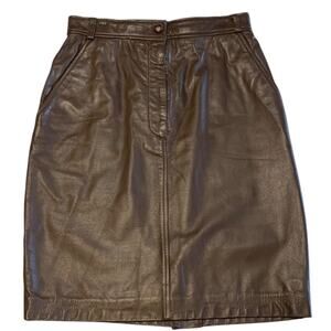 Vintage 80s Brown Leather Skirt Size 8 Zip Up Pockets Straight Lined Knee Length